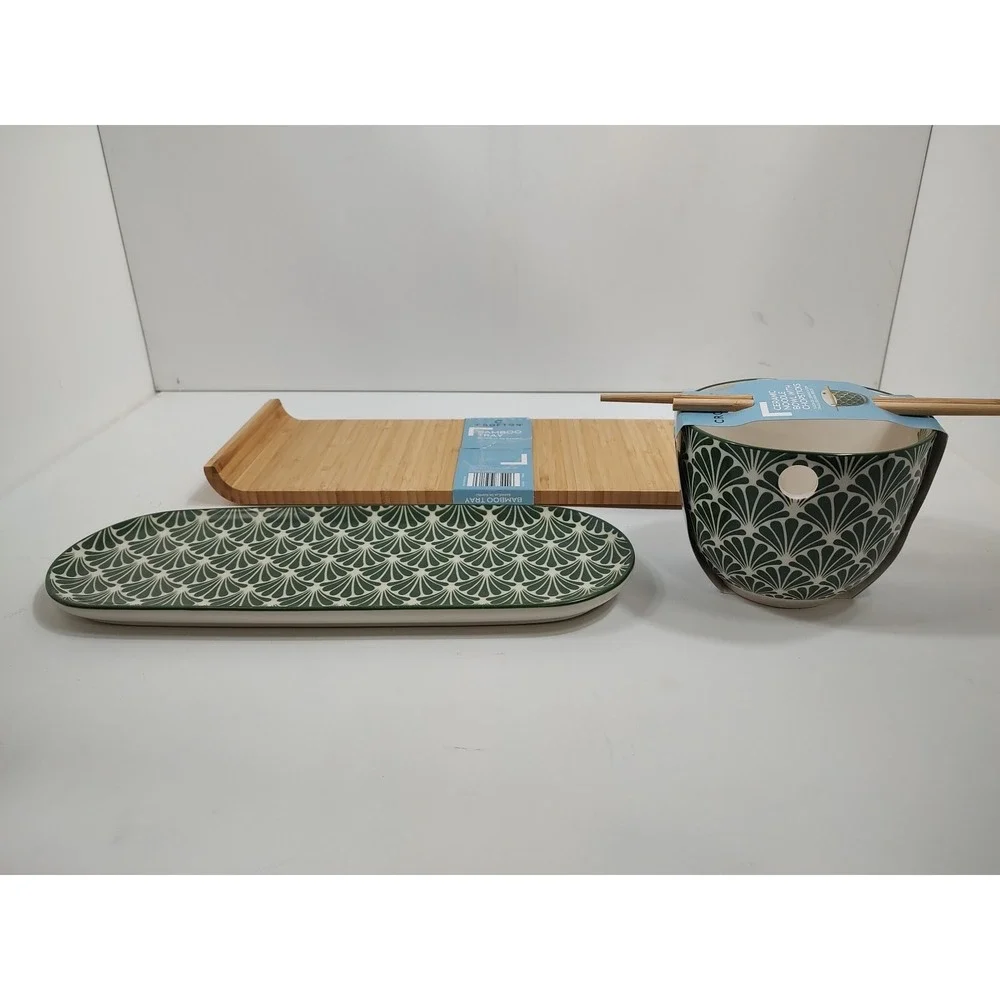 Crofton Stoneware Large Noodle‎ Bowl With Chopstick Holders+Tray+Bamboo Tray.